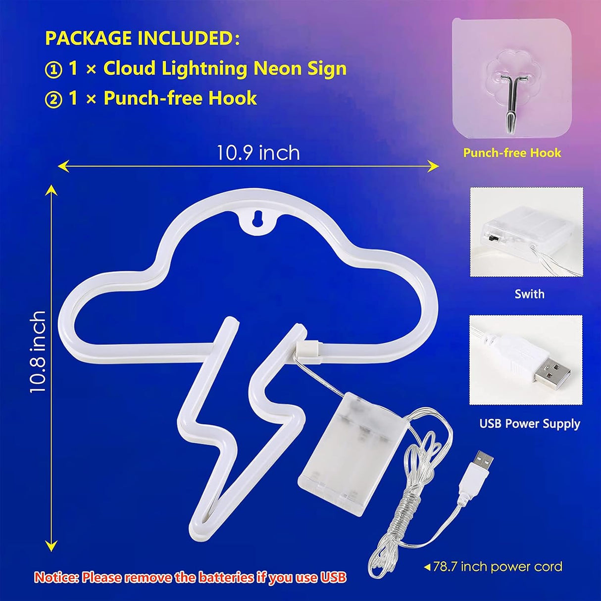 Neon Sign LED Cloud Lightning Neon Signs for Wall Decor Hanging Neon Light Battery or USB Powered