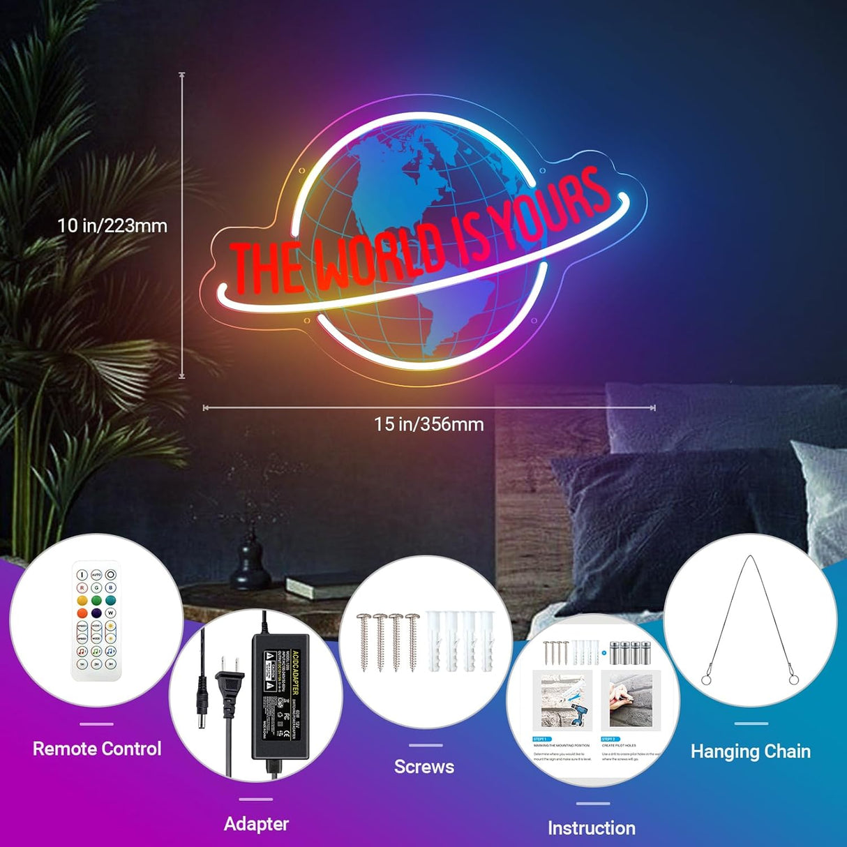 The World is Yours Neon Sign, 7RGB Planet LED Neon Light Lamp for Wall Decor, USB Power for Man Cave Home