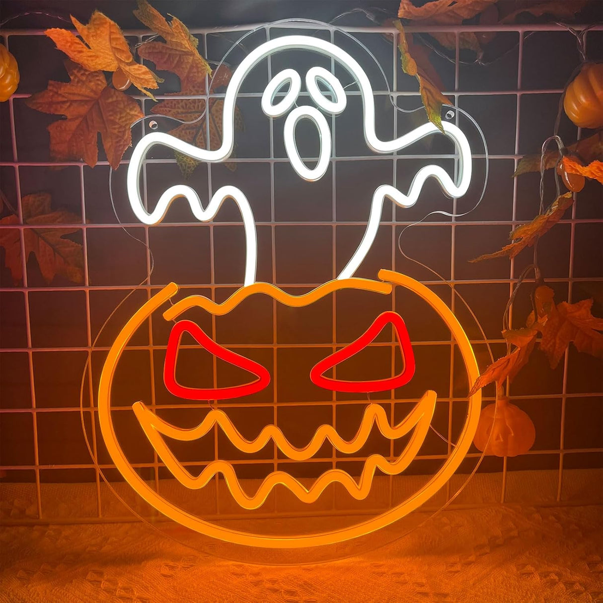 Halloween Ghost Pumpkin Neon Sign,Ghost Face Neon Light Spooky Pumpkin Neon Light Up Signs