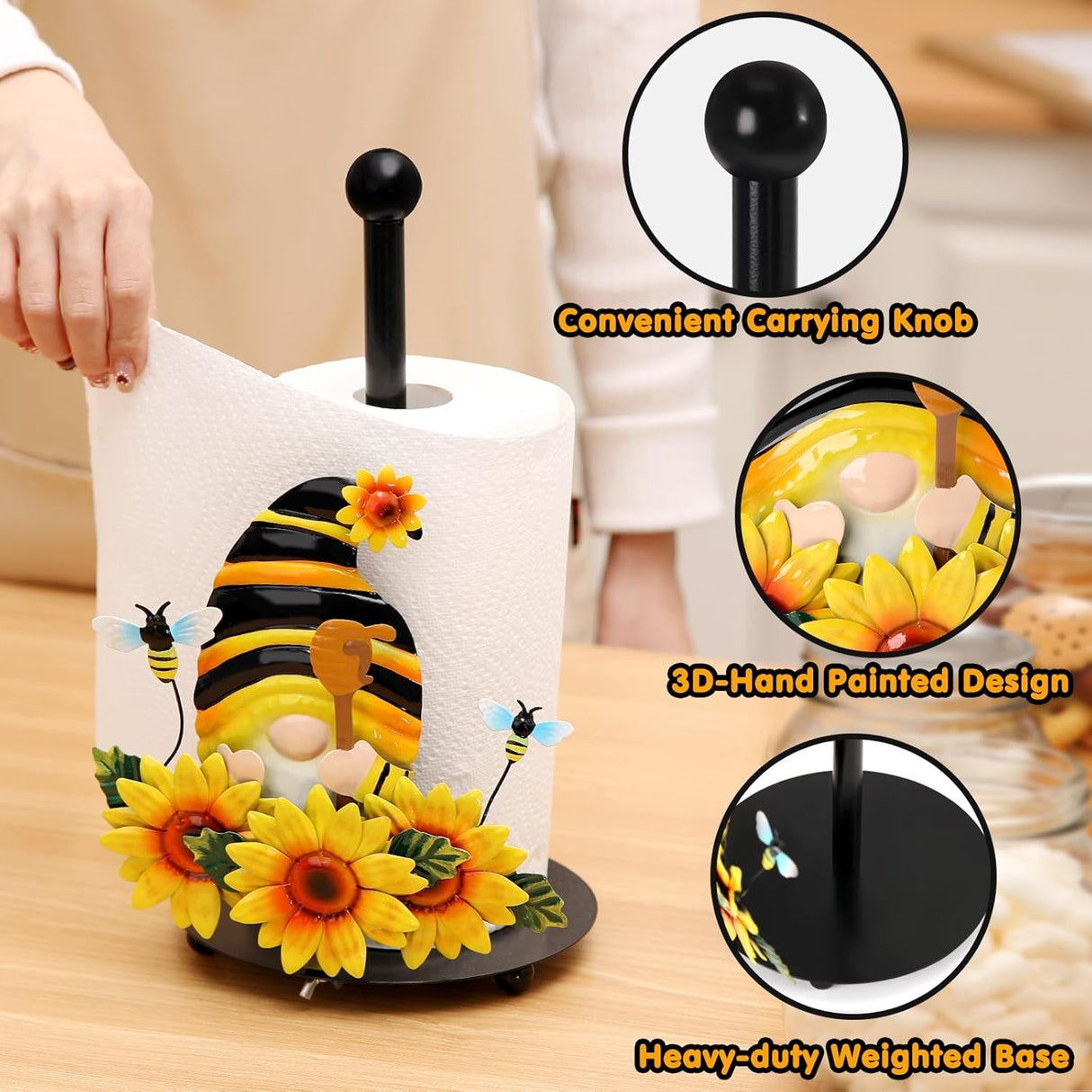 Qmetalart Sunflower Gnome Paper Towel Holder, Gnome Honey Bees Kitchen Bathroom Decor