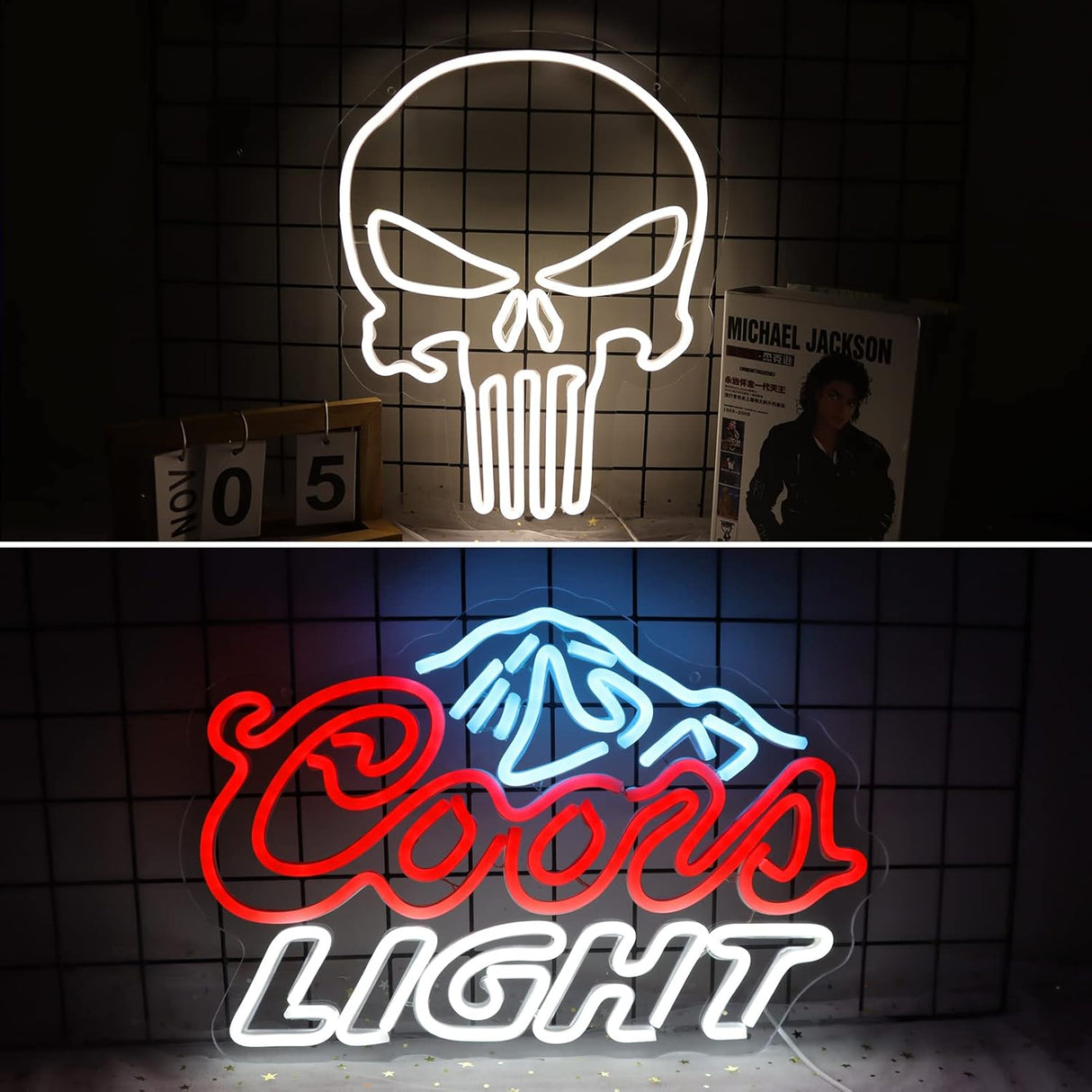 Crs Light Neon Signs 17 * 11 Inch(Azure+Red+White) + Punisher Skull Neon Signs 16.5 * 13 Inch(White)