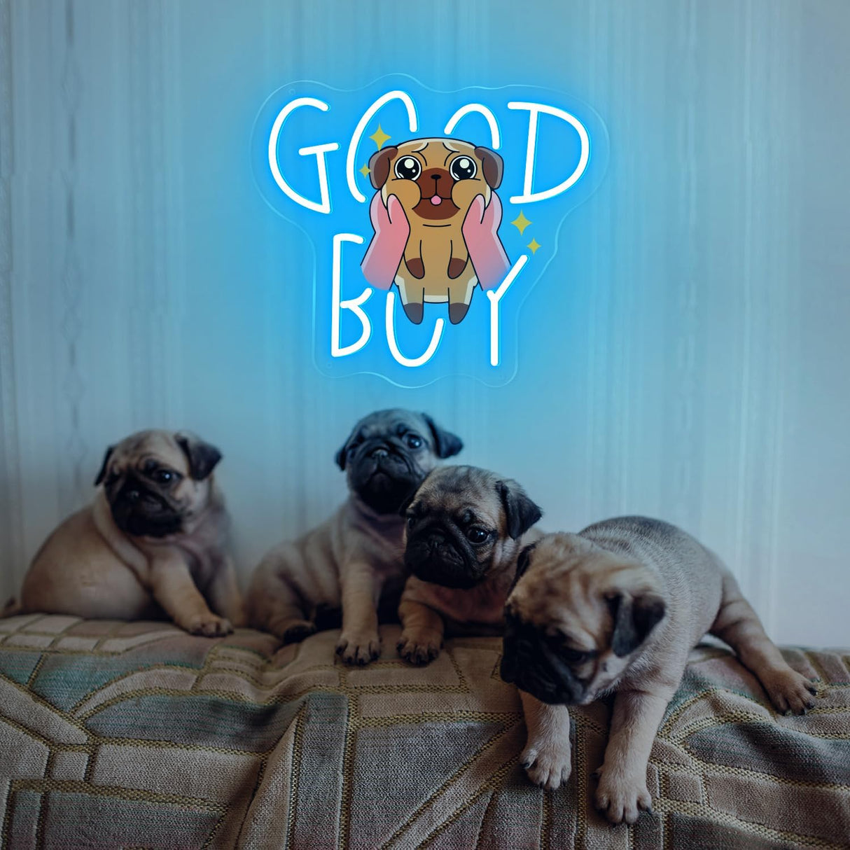 Printed Pug with Ice Blue LED, 11"x12" USB-Powered Acrylic Wall Neon Light for Dog Bedrooms