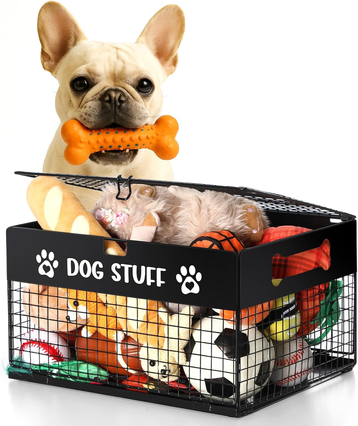 Qmetalart Dog Toy Box, Metal Dog Toy Storage Box with Lid, Chew-Resistant Dog Toy Basket, Durable