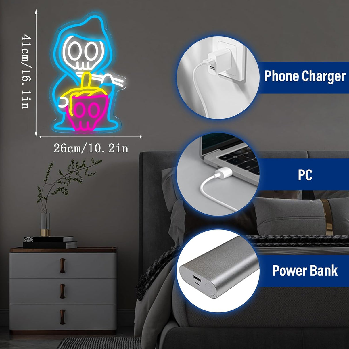 Grim Reaper Ramen Noodles Neon Signs for Wall Decor,Dimmable Japanese Skull Ramen Noodle