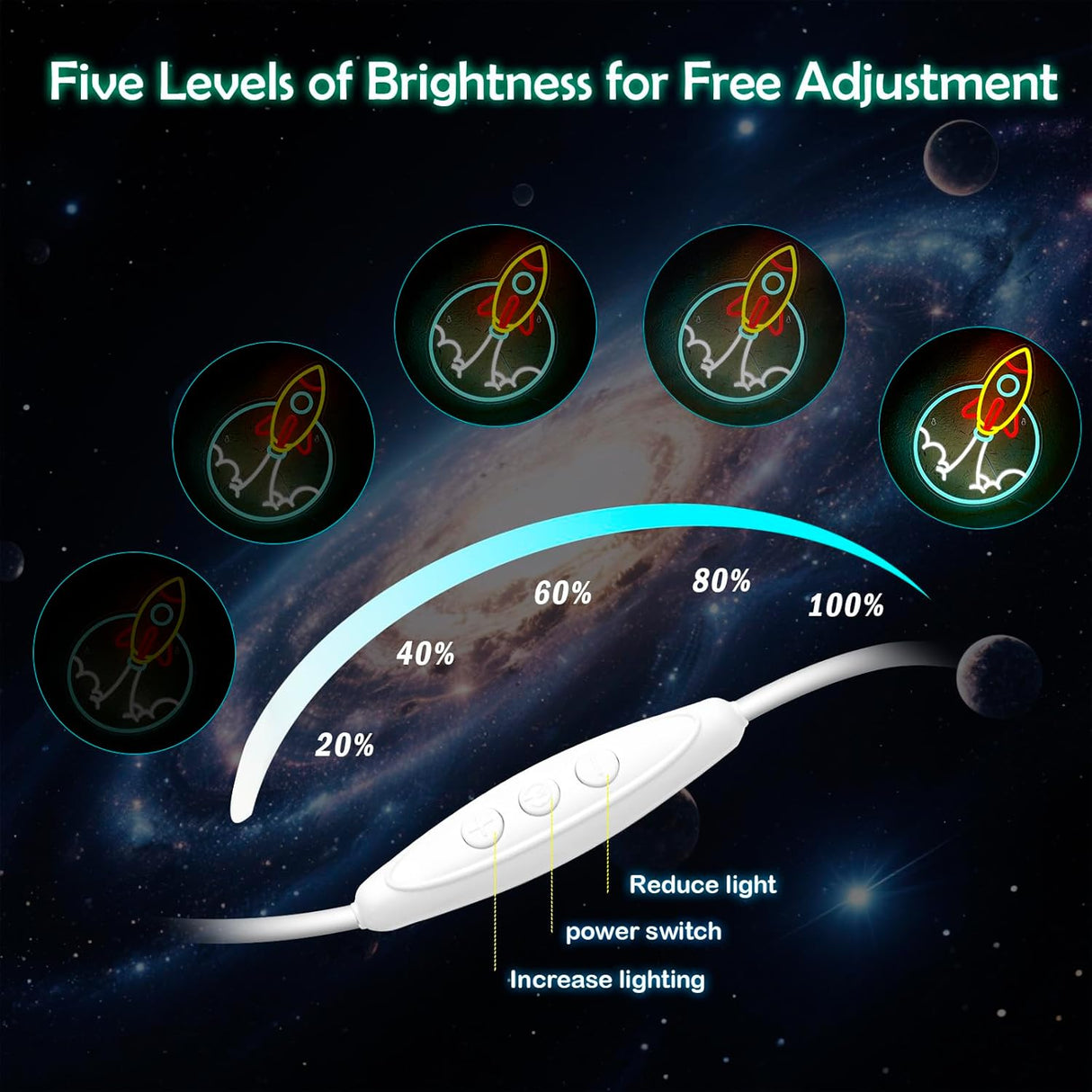 Rocket Neon Sign for Wall Decor LED Dimmable Space Neon Light for Boys Room, Game Room,