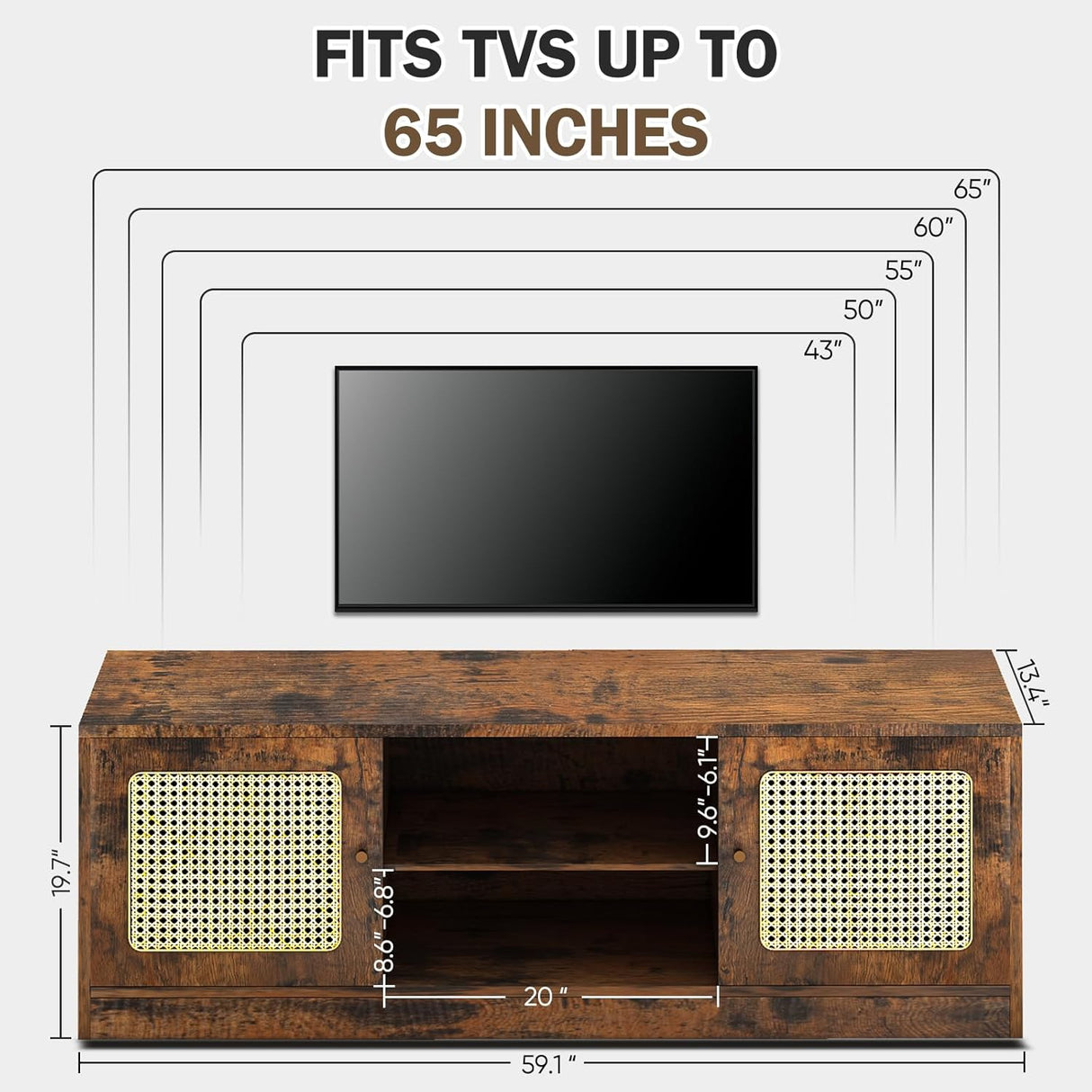 Qmetalart Boho TV Stand for 30-65 inch TVs,Ratten Entertainment Center with 3 Adjustable Shelves,