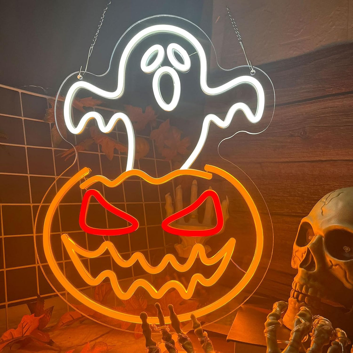 Halloween Ghost Pumpkin Neon Sign,Ghost Face Neon Light Spooky Pumpkin Neon Light Up Signs