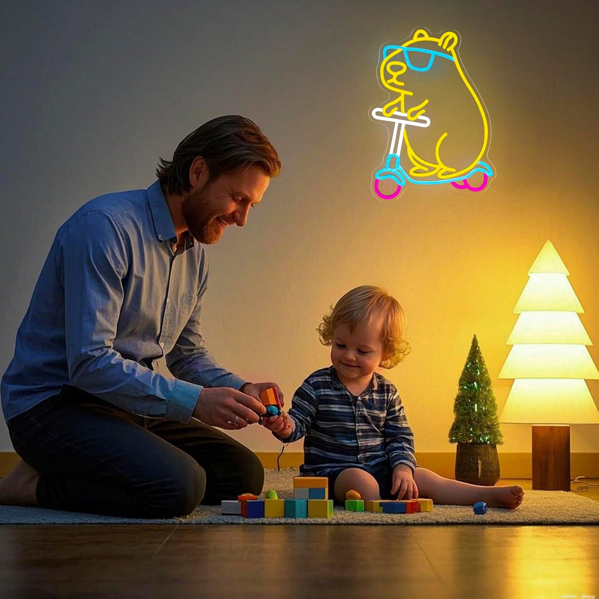 Cool Capybara Neon Sign, Dimmable Cute Animal with Shades on a Scooter, Lemon