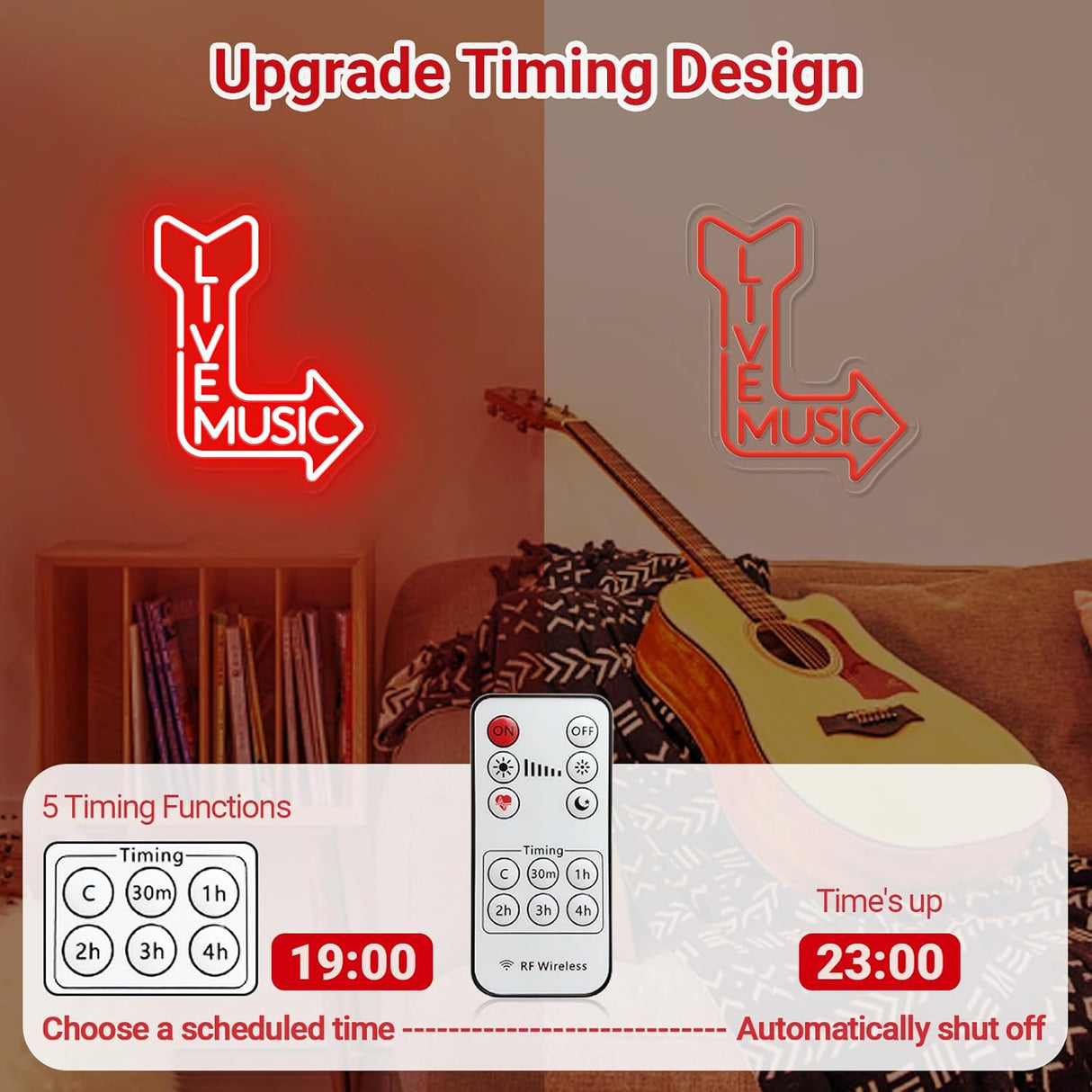 Live Music Neon Sign for Wall, Remote Dimmer Red Live Music LED Neon Light Sign for Concert Festival