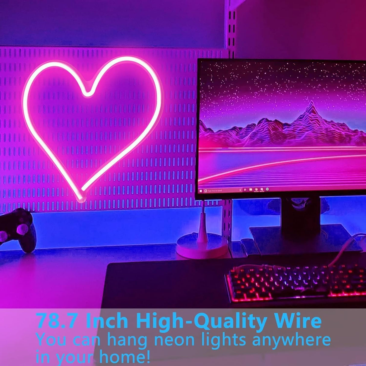 Pink Heart Neon Sign, Neon Heart Light for Wall Decor, Love Hearts LED Light up Sign 13.4×13 Inch Dimmable