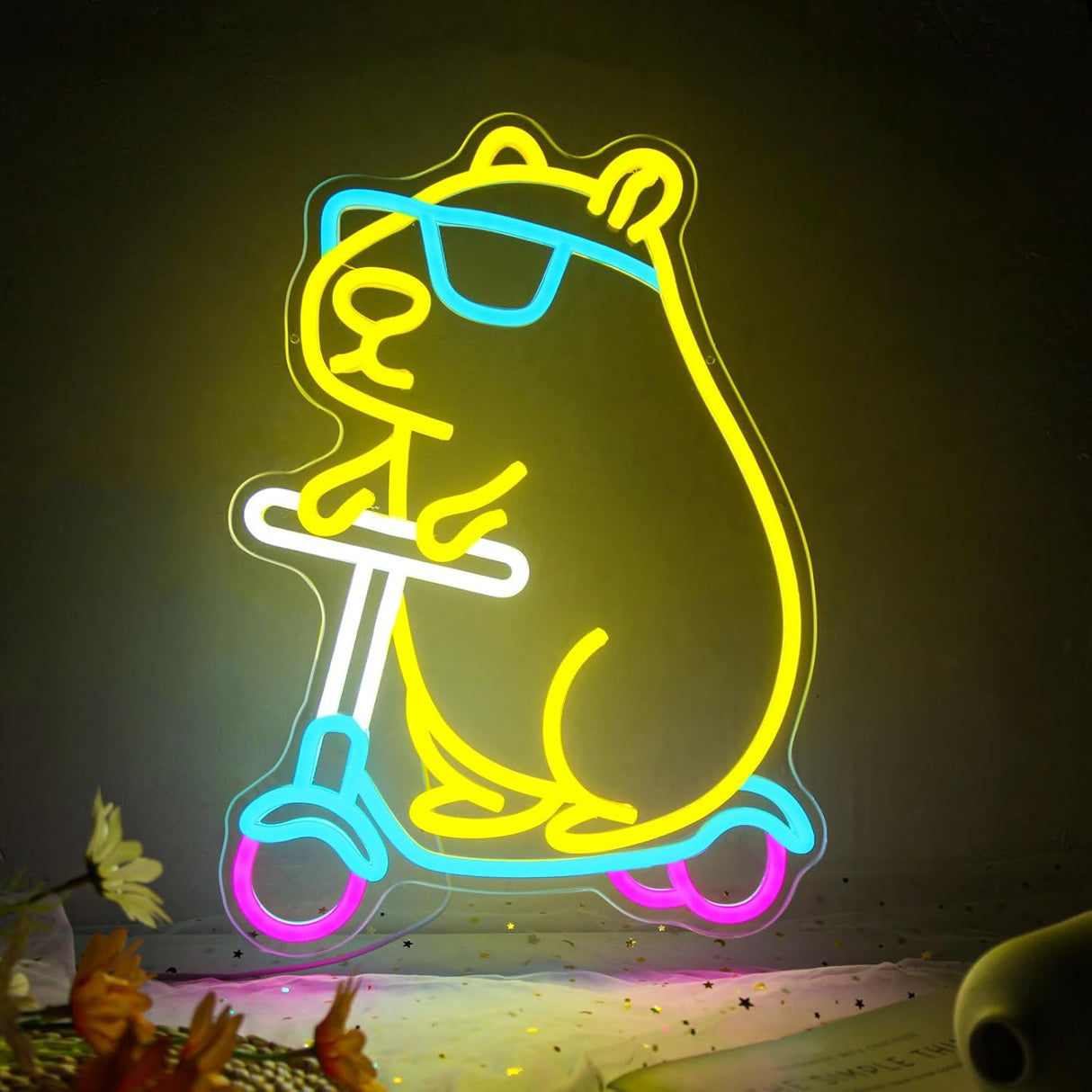 Cool Capybara Neon Sign, Dimmable Cute Animal with Shades on a Scooter, Lemon