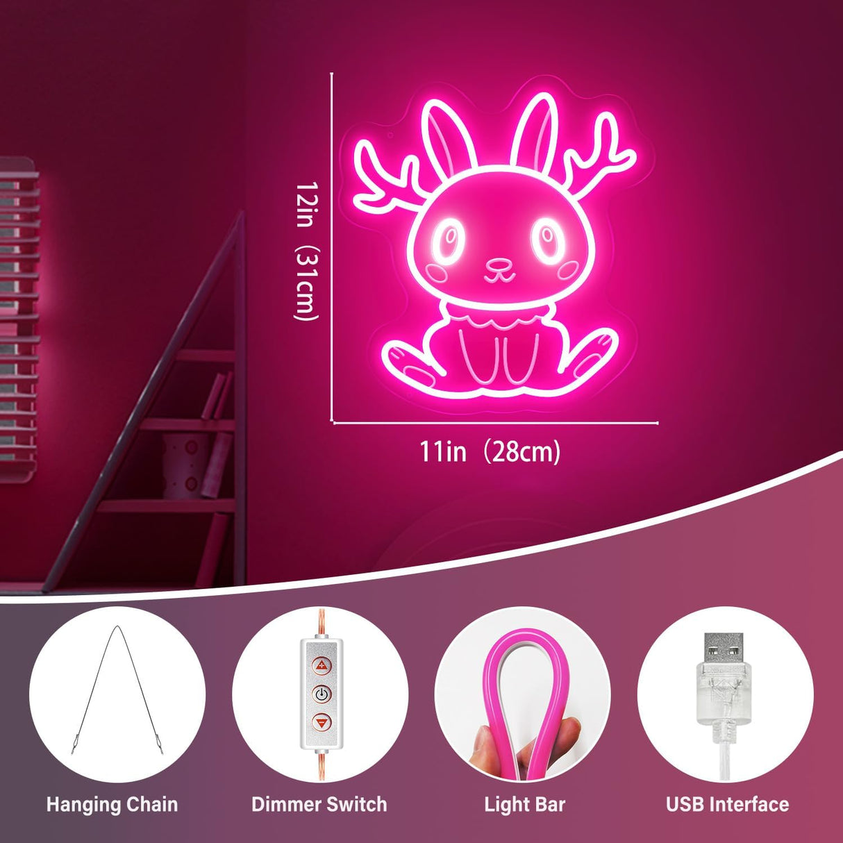 Jackalope Neon Sign, Cute Pink Smiling Jackalope LED Wall Decor for Bedroom Girls Room, 12x11 Inch USB