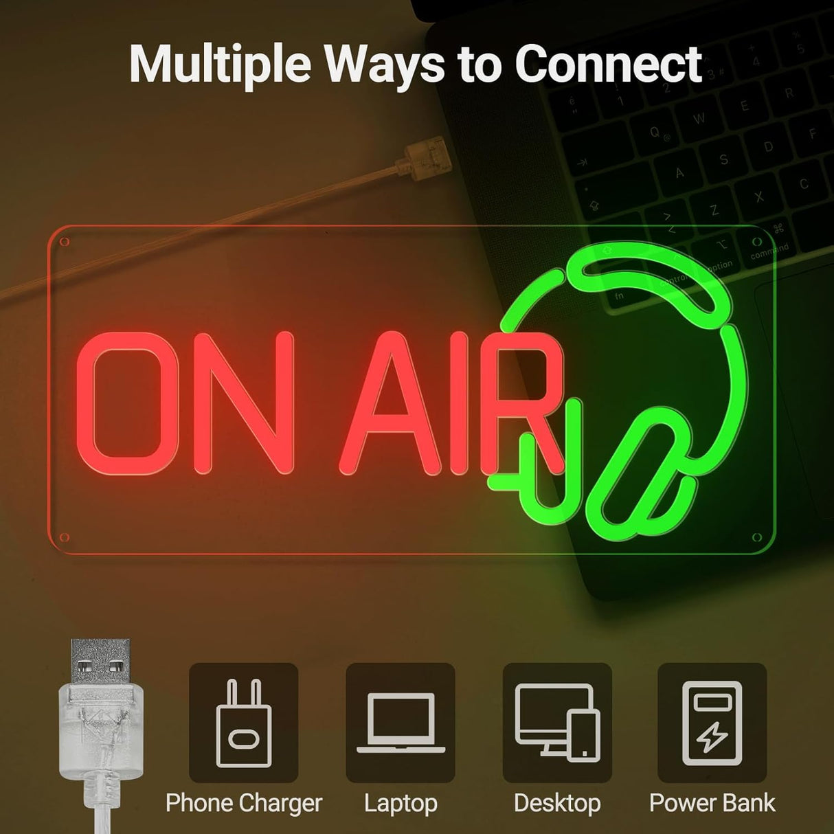 Red Green Recording Headset LED Neon Light for Live Room, USB Powered for Twitch