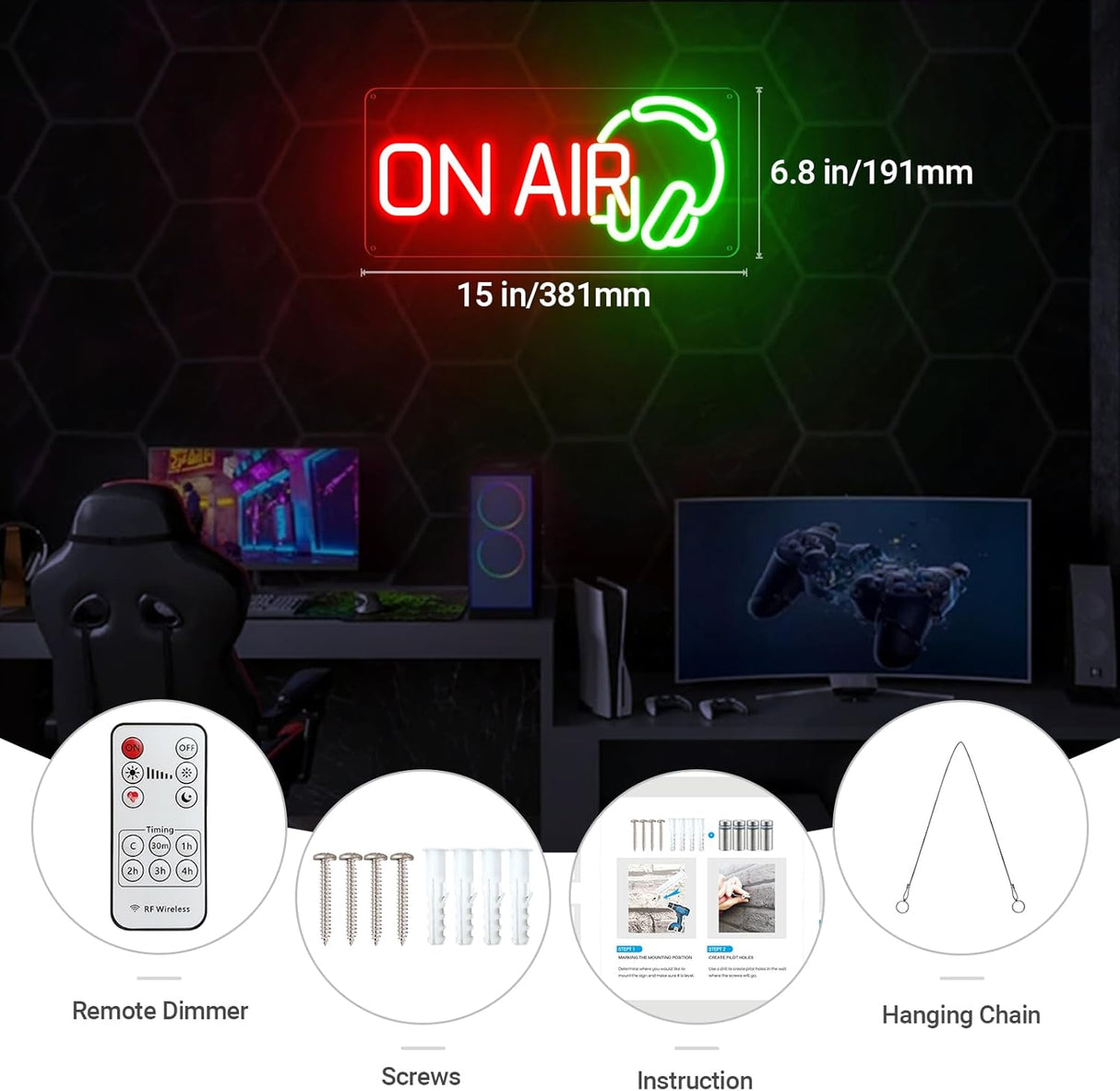 Red Green Recording Headset LED Neon Light for Live Room, USB Powered for Twitch