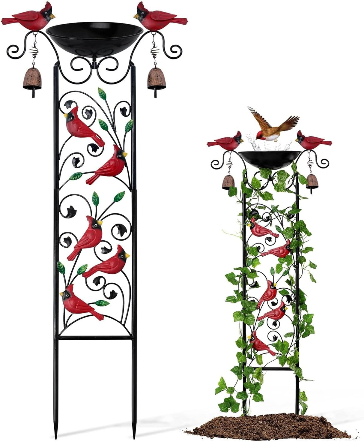 Cardinal Bird Bath Garden Trellis for Climbing Plants Outdoor Wind Chime Decor Red Birds