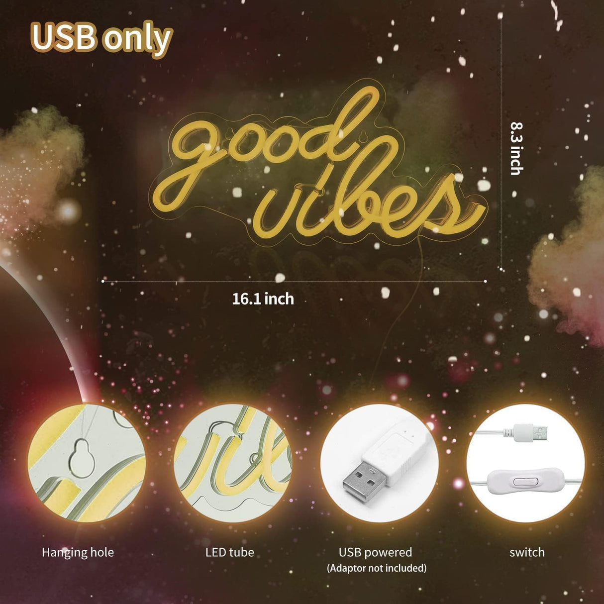Good Vibes Neon Sign for Wall Decor,Powered by USB Neon Light for Bedroom