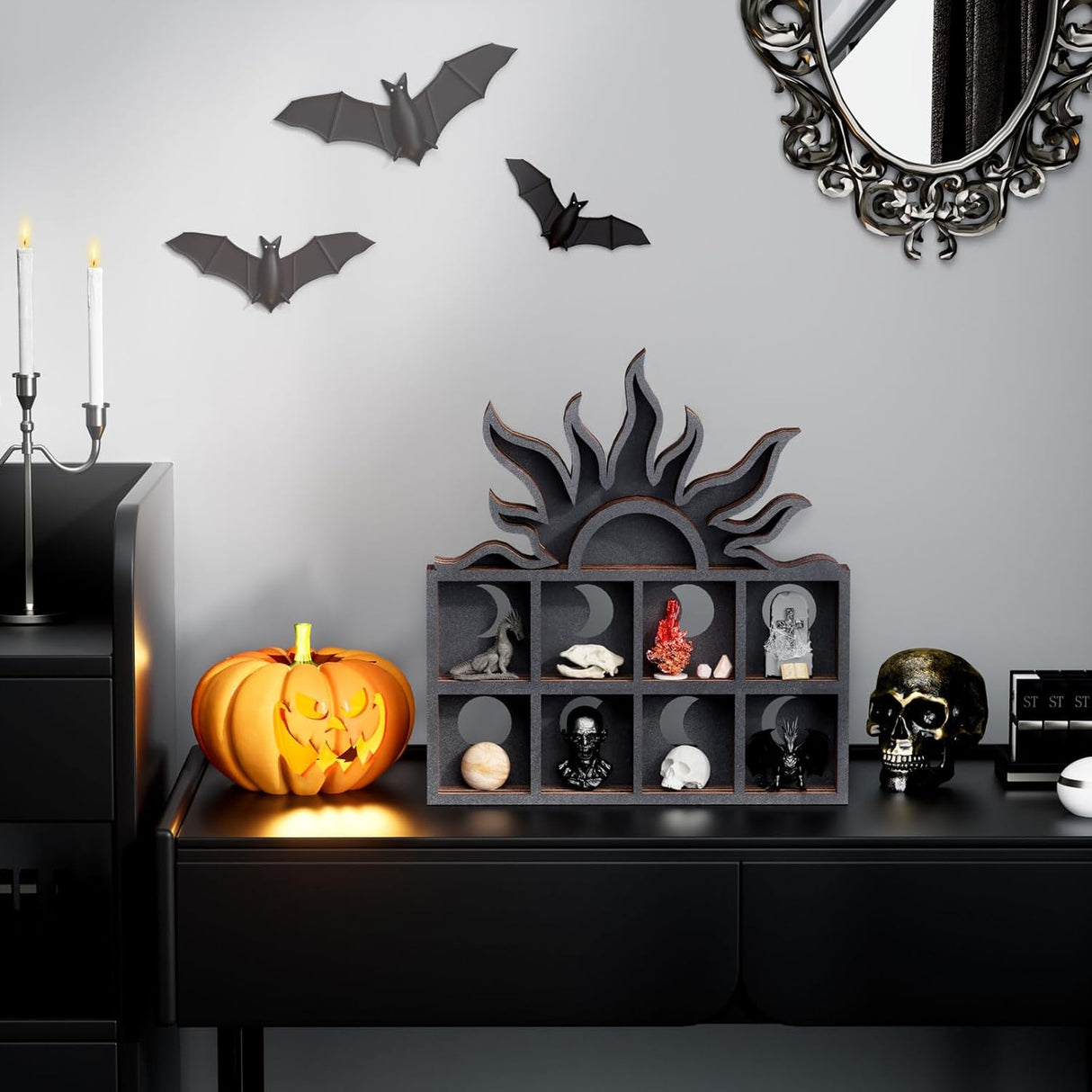 Qmetalart Sunrise Trinket Shelf, Sun Moon Crystal Display Shelf Storage Wall Hanging