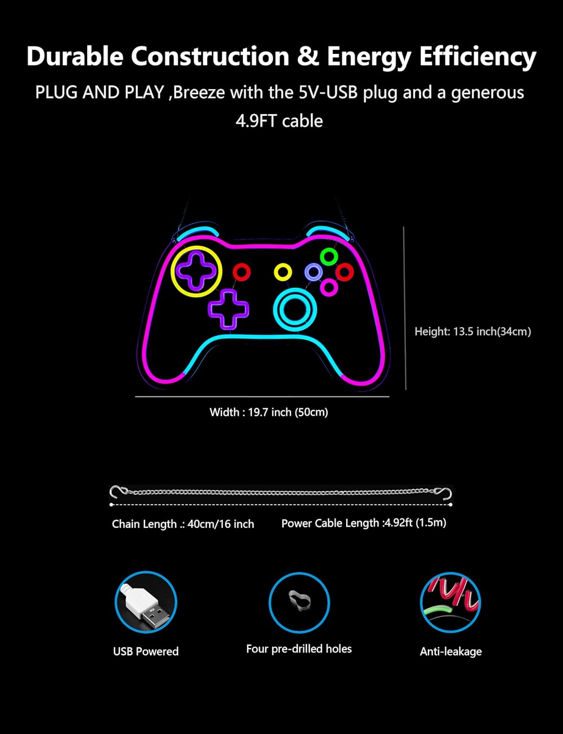 Gamers Neon Sign,19.7 Inch Giant Gaming Light up Sign - Cool Neon Light Wall Decor for