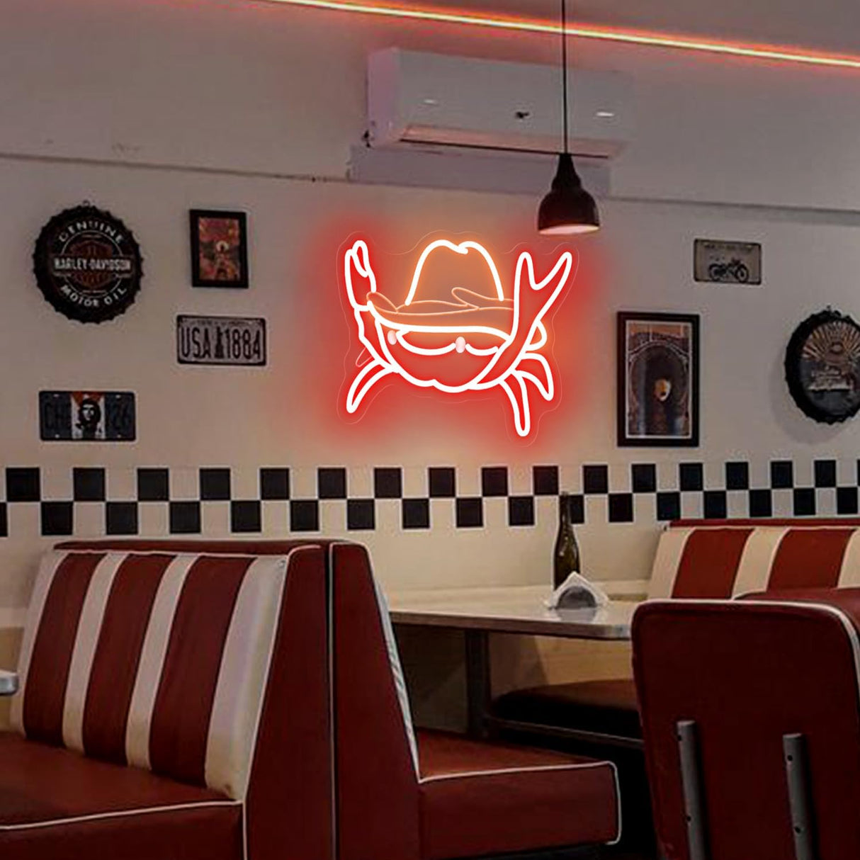 Neon Sign with Hat - Western-Themed LED Crab Wall Art for Seafood Restaurants
