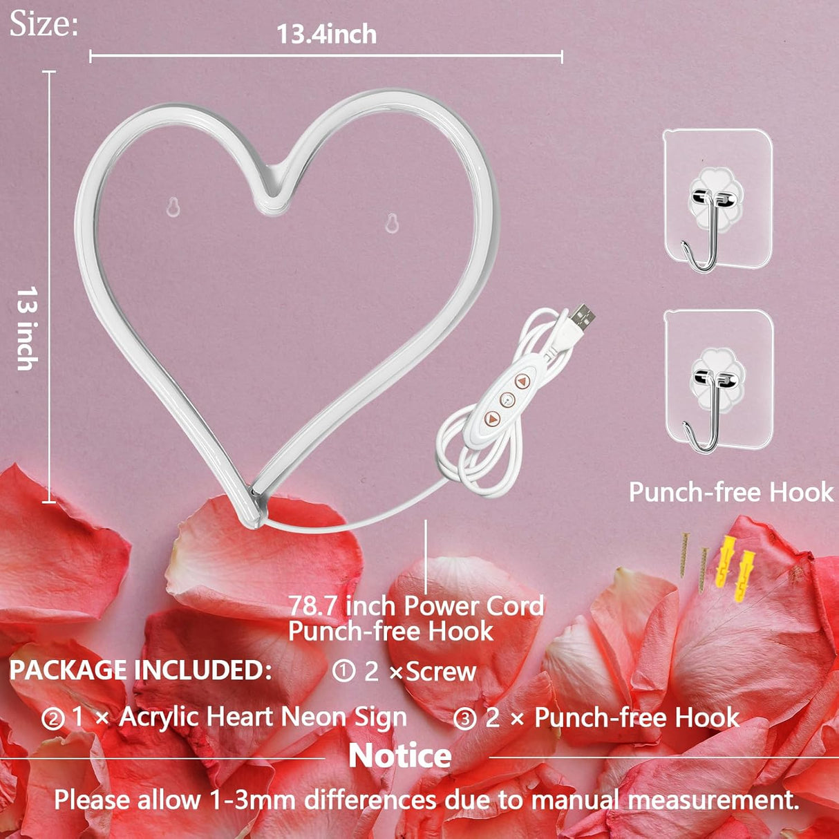 Pink Heart Neon Sign, Neon Heart Light for Wall Decor, Love Hearts LED Light up Sign 13.4×13 Inch Dimmable