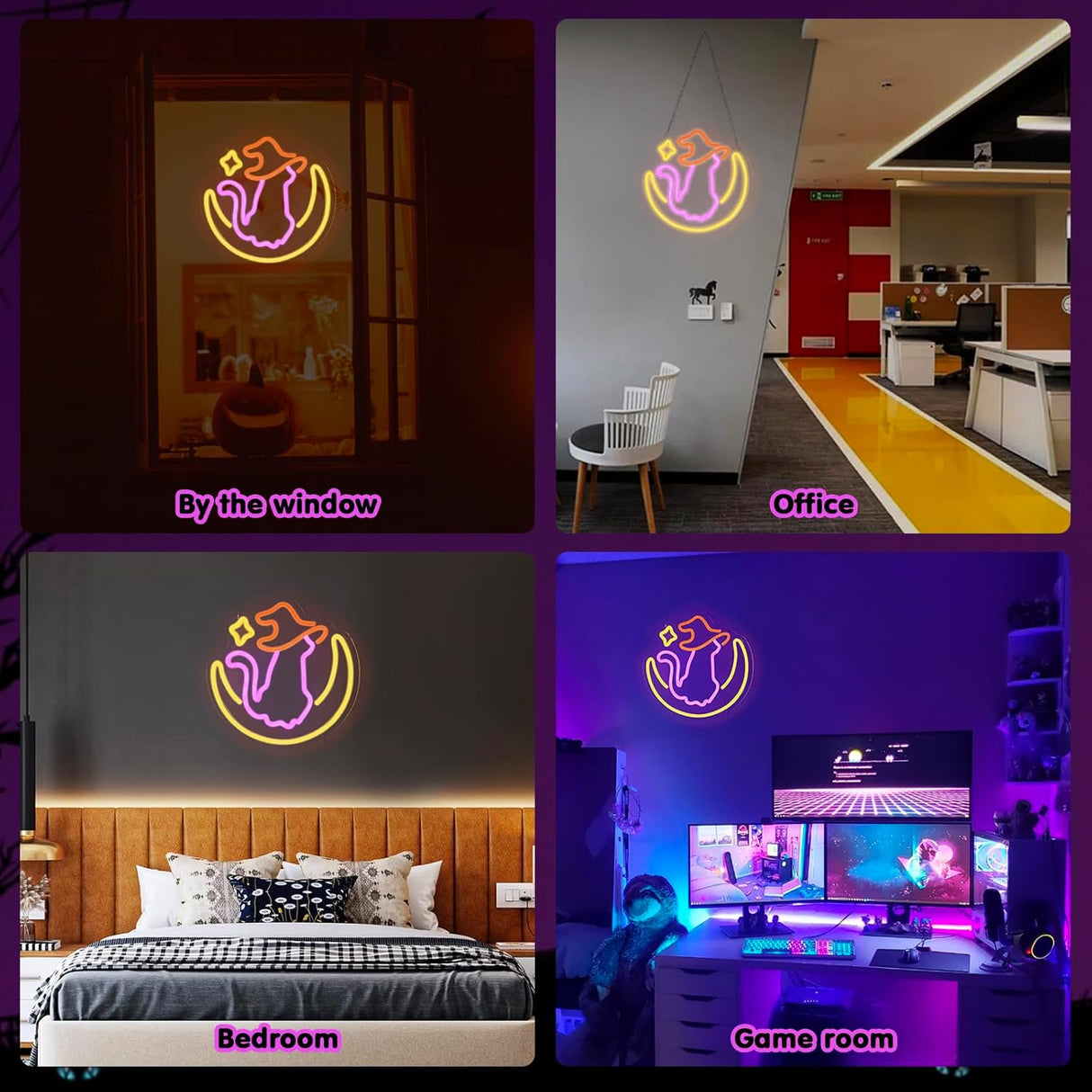 Qmetalart Halloween Cat Neon Sign, Cat on Moon Wall Decor,