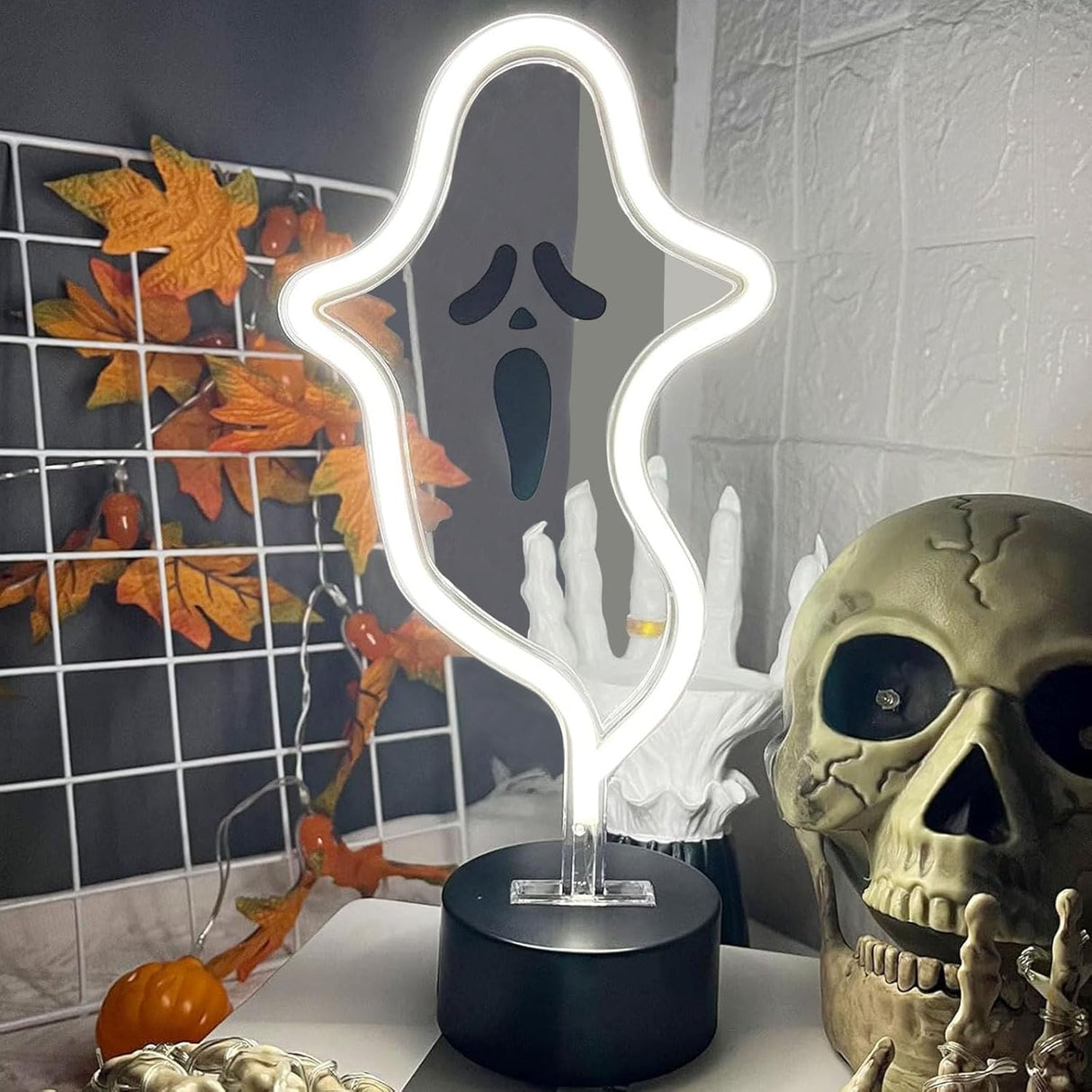 Halloween Ghost Neon Sign, Halloween Decoration LED Ghost Neon Light Sign with Base,