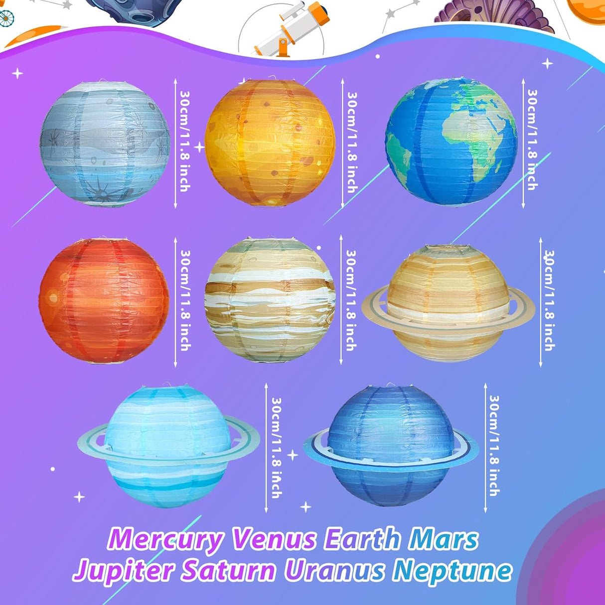 8 PCS Planet Paper Lanterns, 12 Inch Outer Space Party Decorations, Solar System
