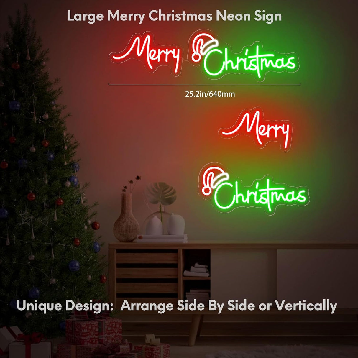 Large 25 Inch Merry Christmas Neon Signs, Red Green Led Neon Light Sign for Party Gift
