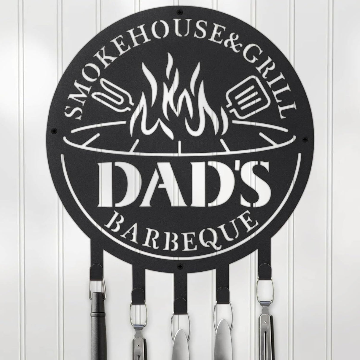 Qmetalart Metal BBQ Sign with Utensil Hangers Smokehouse Wall Art for Outdoor