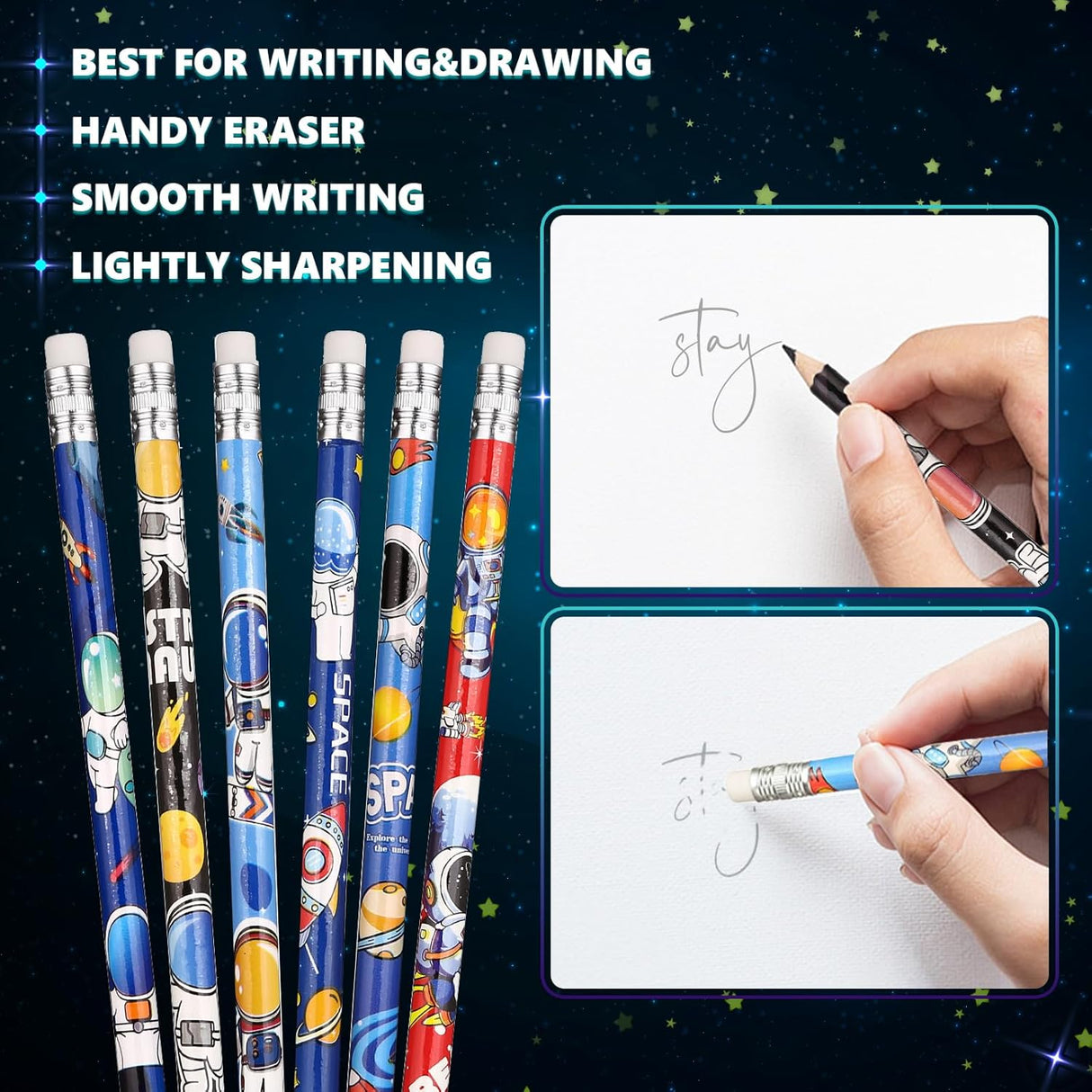 24 Pcs Space Pencils for Kids,Novelty Fun Lead Pencils with Eraser Rocket and Space Party Favors for Birthday Party,