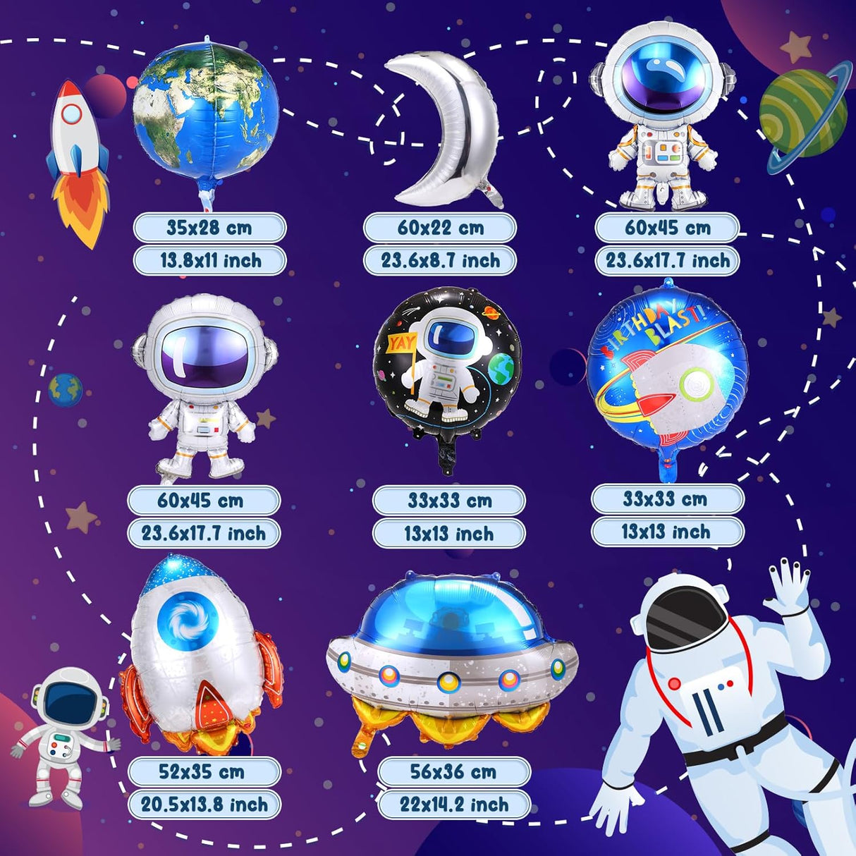 9pcs Space Balloons - Astronaut Rocket Balloons, Planets Themed Party Decorations for Birthday Parties