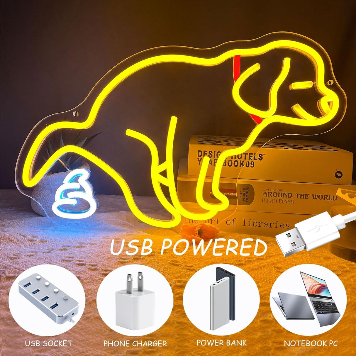 Pooping Dog Neon Sign for Wall Funny Golden Retriever Dog LED Neon Light Sign Dimmable USB