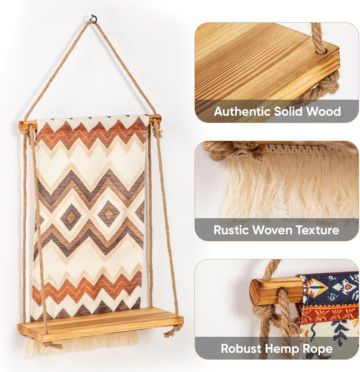 Wall Mounted Shelf, Bohemian Style Decorative Hanging Cloth, Handmade Natural Material,