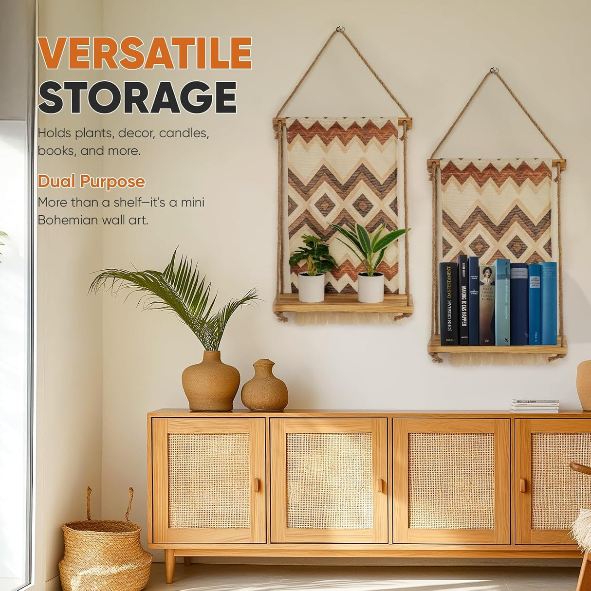 Wall Mounted Shelf, Bohemian Style Decorative Hanging Cloth, Handmade Natural Material,