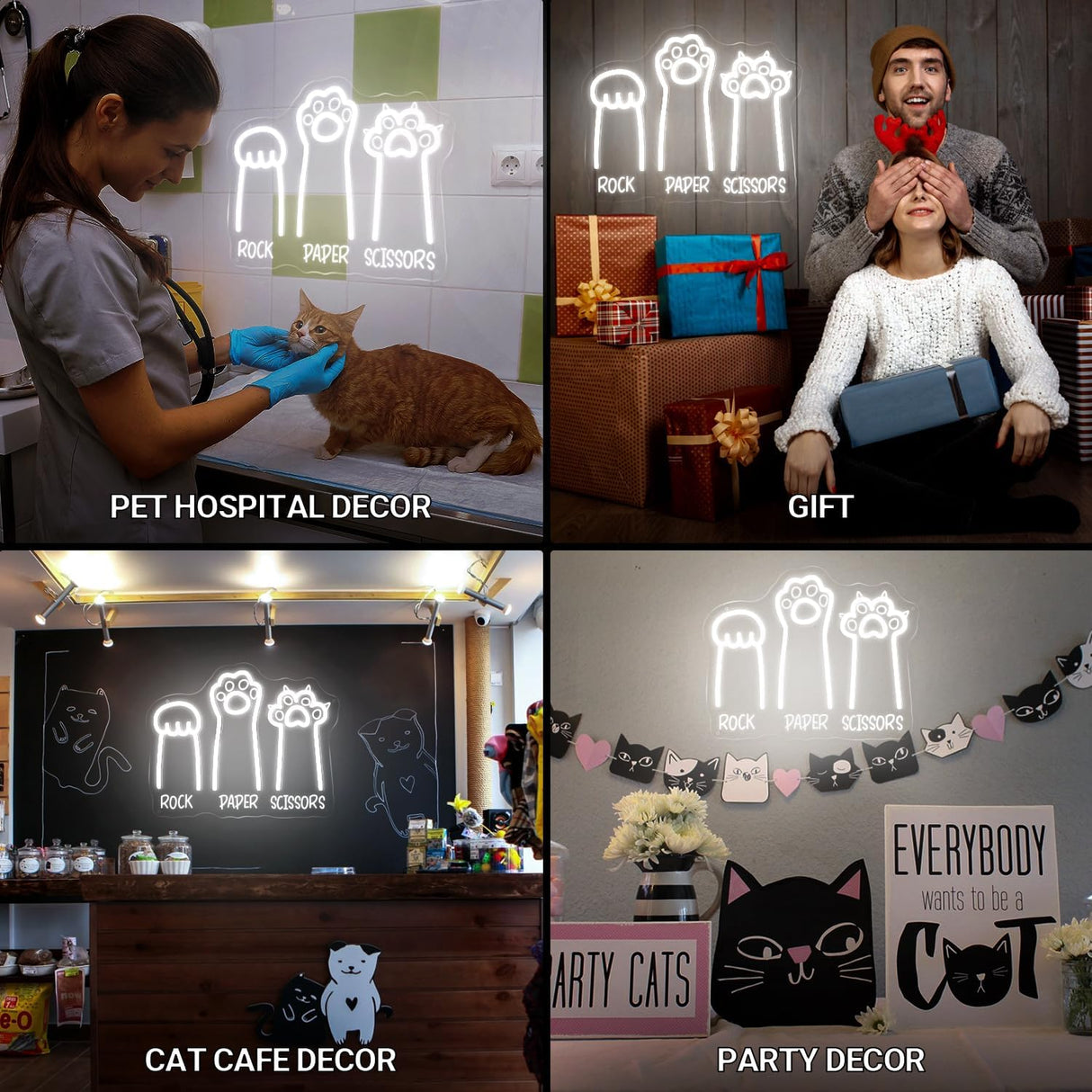 Rock Paper Scissors LED Light with Cool White Cat Paws, 11"x14" USB-Powered Acrylic Wall Art For Pet Hospital