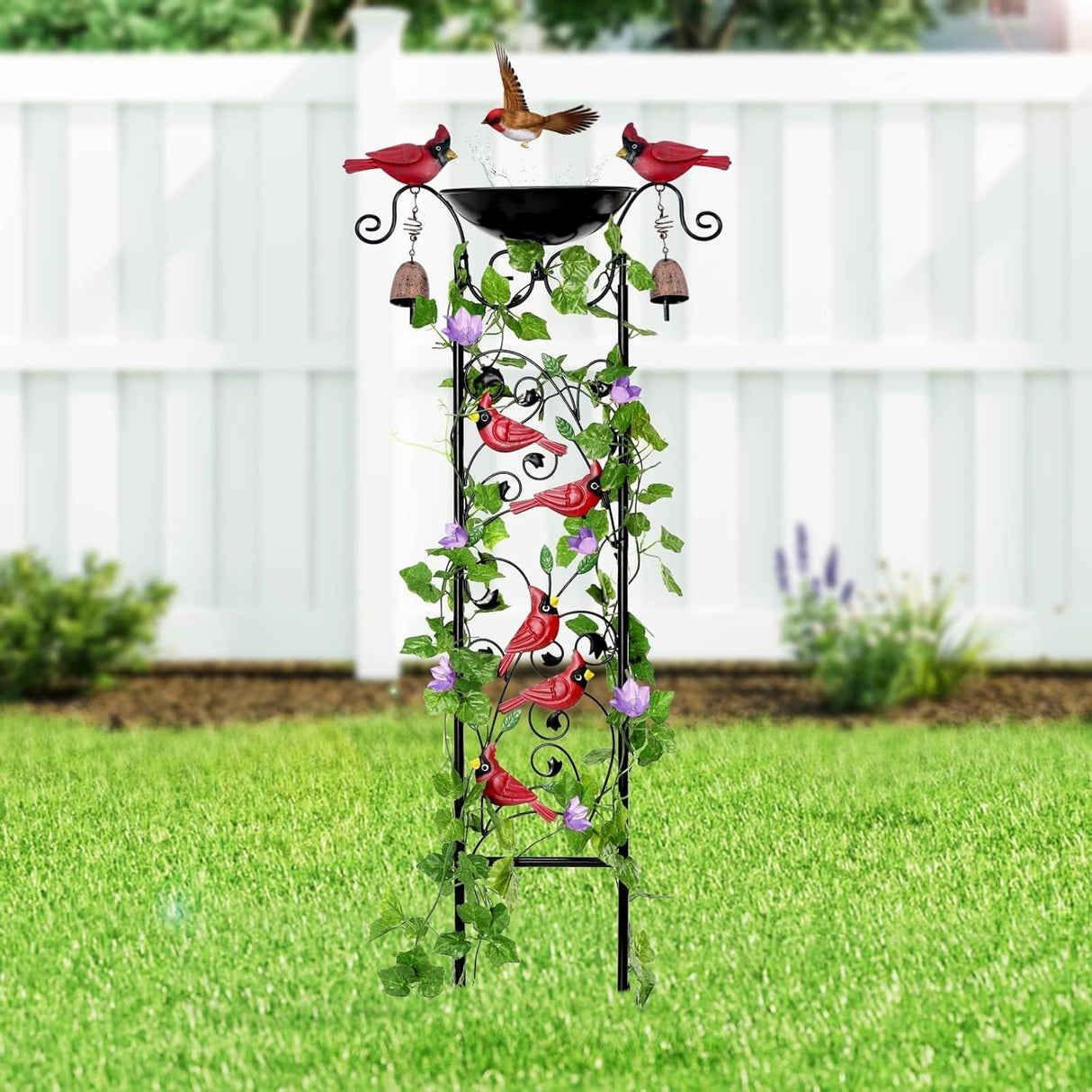 Cardinal Bird Bath Garden Trellis for Climbing Plants Outdoor Wind Chime Decor Red Birds