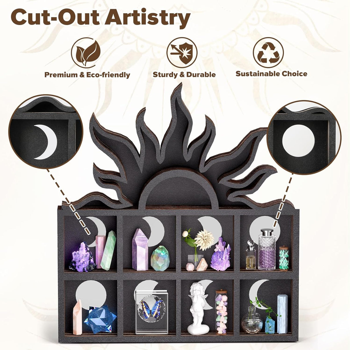 Qmetalart Sunrise Trinket Shelf, Sun Moon Crystal Display Shelf Storage Wall Hanging