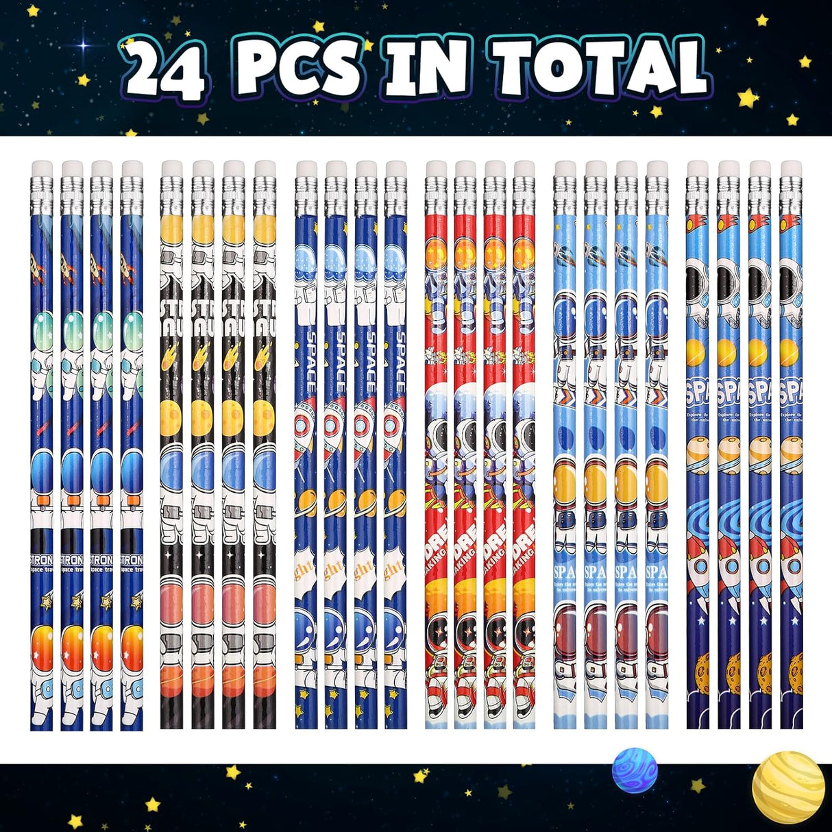 24 Pcs Space Pencils for Kids,Novelty Fun Lead Pencils with Eraser Rocket and Space Party Favors for Birthday Party,
