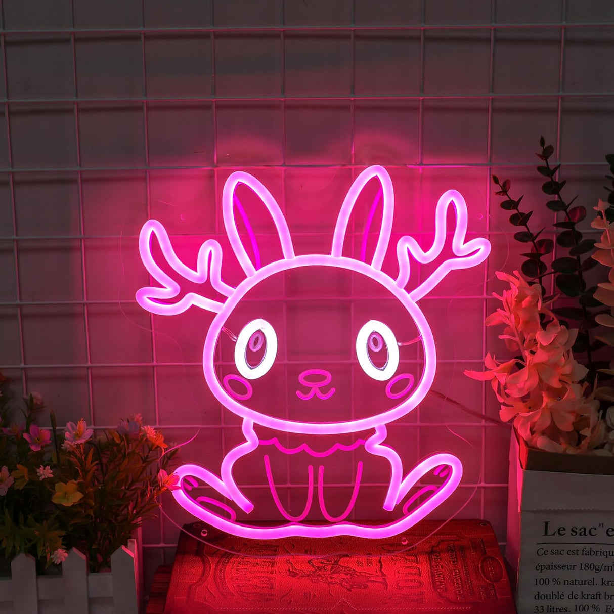Jackalope Neon Sign, Cute Pink Smiling Jackalope LED Wall Decor for Bedroom Girls Room, 12x11 Inch USB
