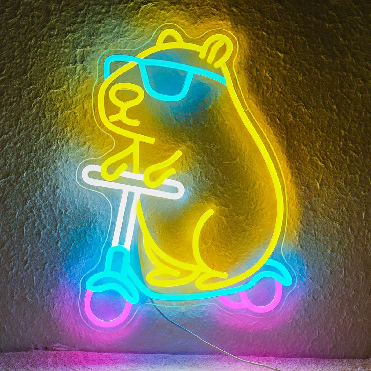 Cool Capybara Neon Sign, Dimmable Cute Animal with Shades on a Scooter, Lemon