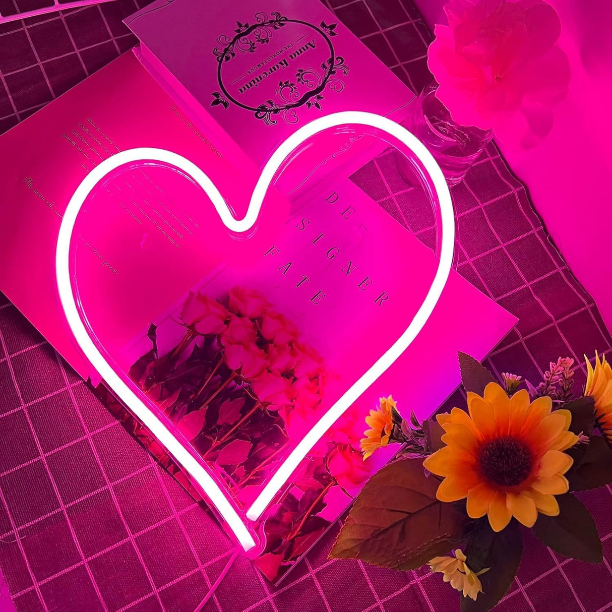 Pink Heart Neon Sign, Neon Heart Light for Wall Decor, Love Hearts LED Light up Sign 13.4×13 Inch Dimmable