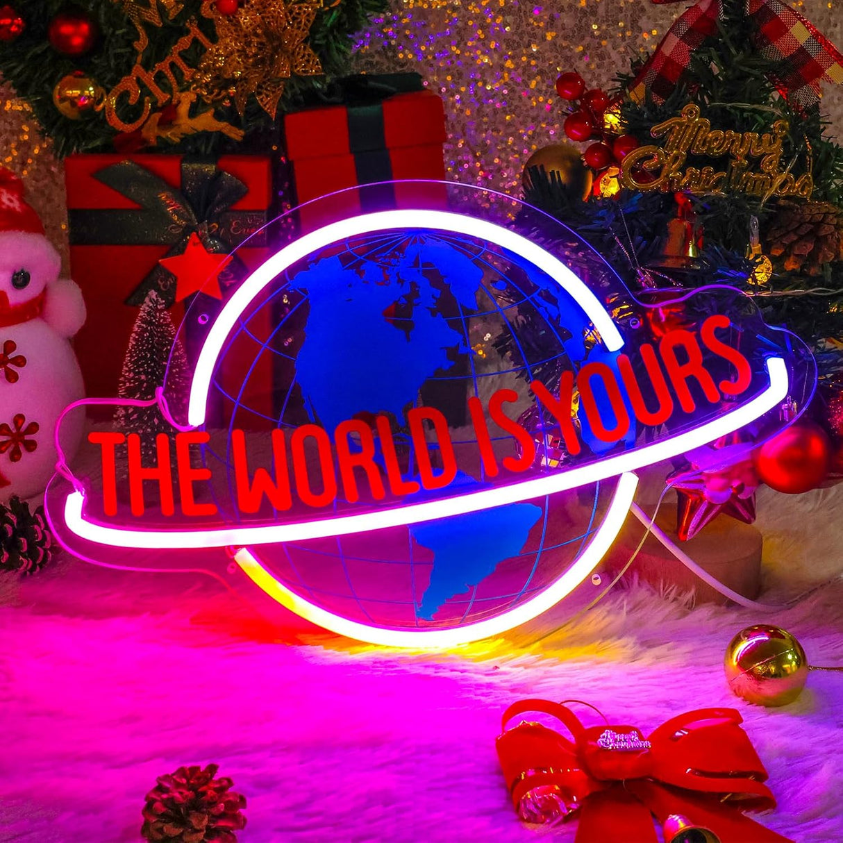 The World is Yours Neon Sign, 7RGB Planet LED Neon Light Lamp for Wall Decor, USB Power for Man Cave Home