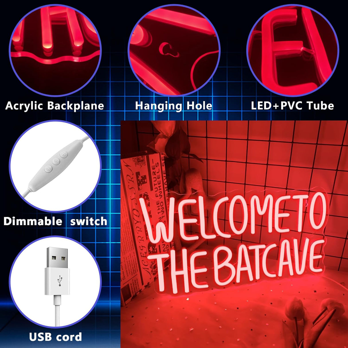 Halloween Bat Neon Signs Welcome to the Batcave Neon Signs for Wall Decor, Dimmable