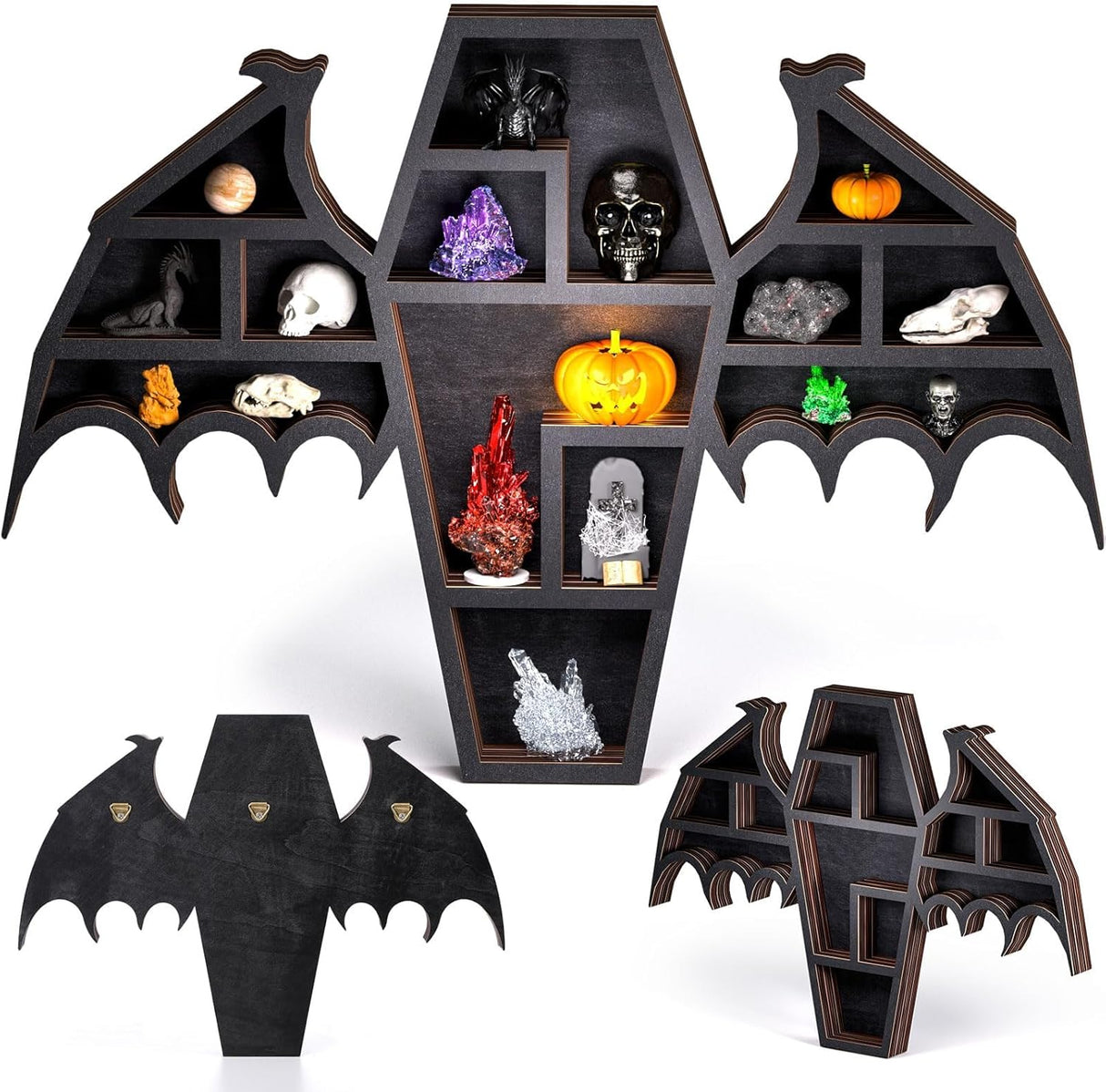 Qmetalart Coffin Shelf with Bat Wings, Wooden Gothic Decor for Display or Storage Rocks Mini Figures