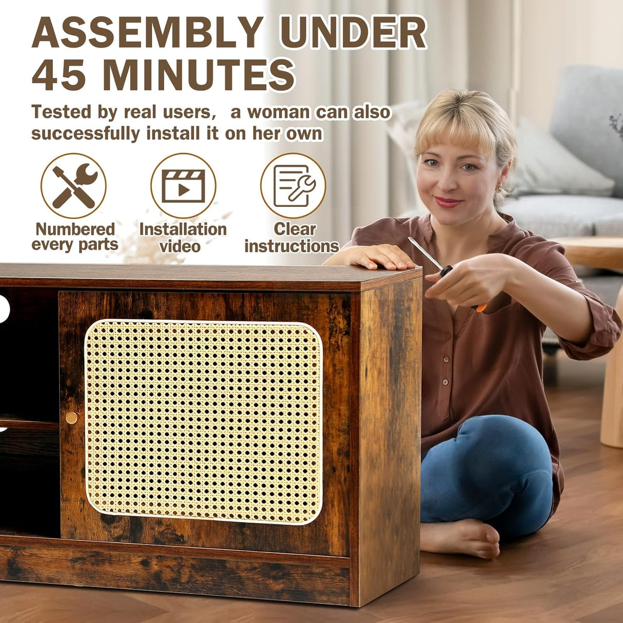 Qmetalart Boho TV Stand for 30-65 inch TVs,Ratten Entertainment Center with 3 Adjustable Shelves,