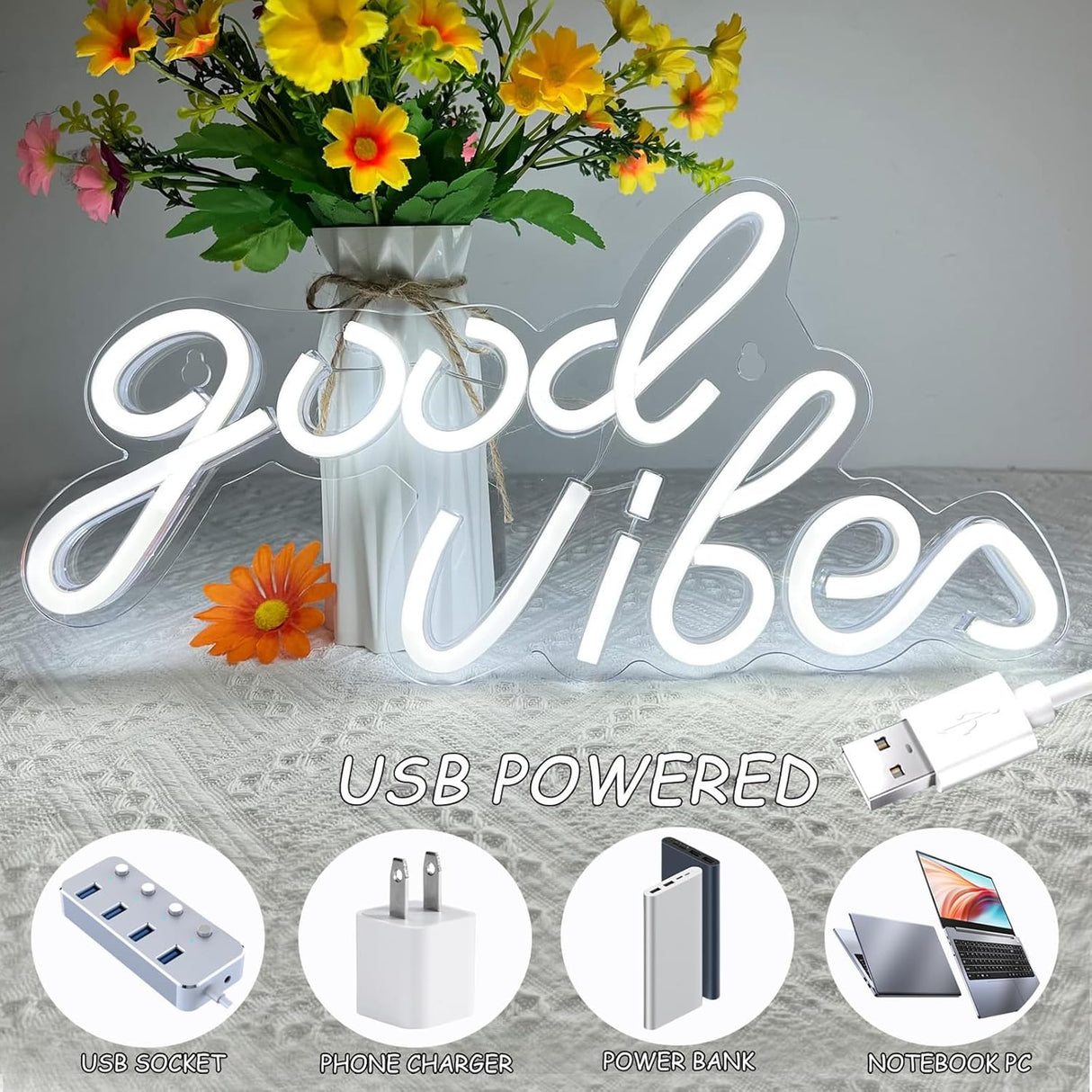 Good Vibes Neon Sign, LED Neon Signs for Wall Decor, White Neon Lights for Bedroom & Party