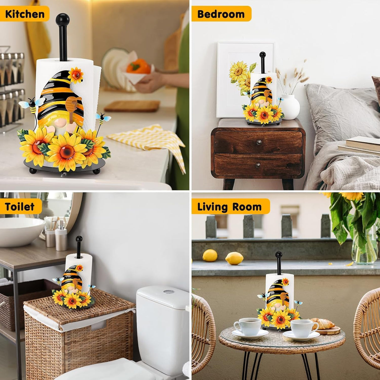 Qmetalart Sunflower Gnome Paper Towel Holder, Gnome Honey Bees Kitchen Bathroom Decor
