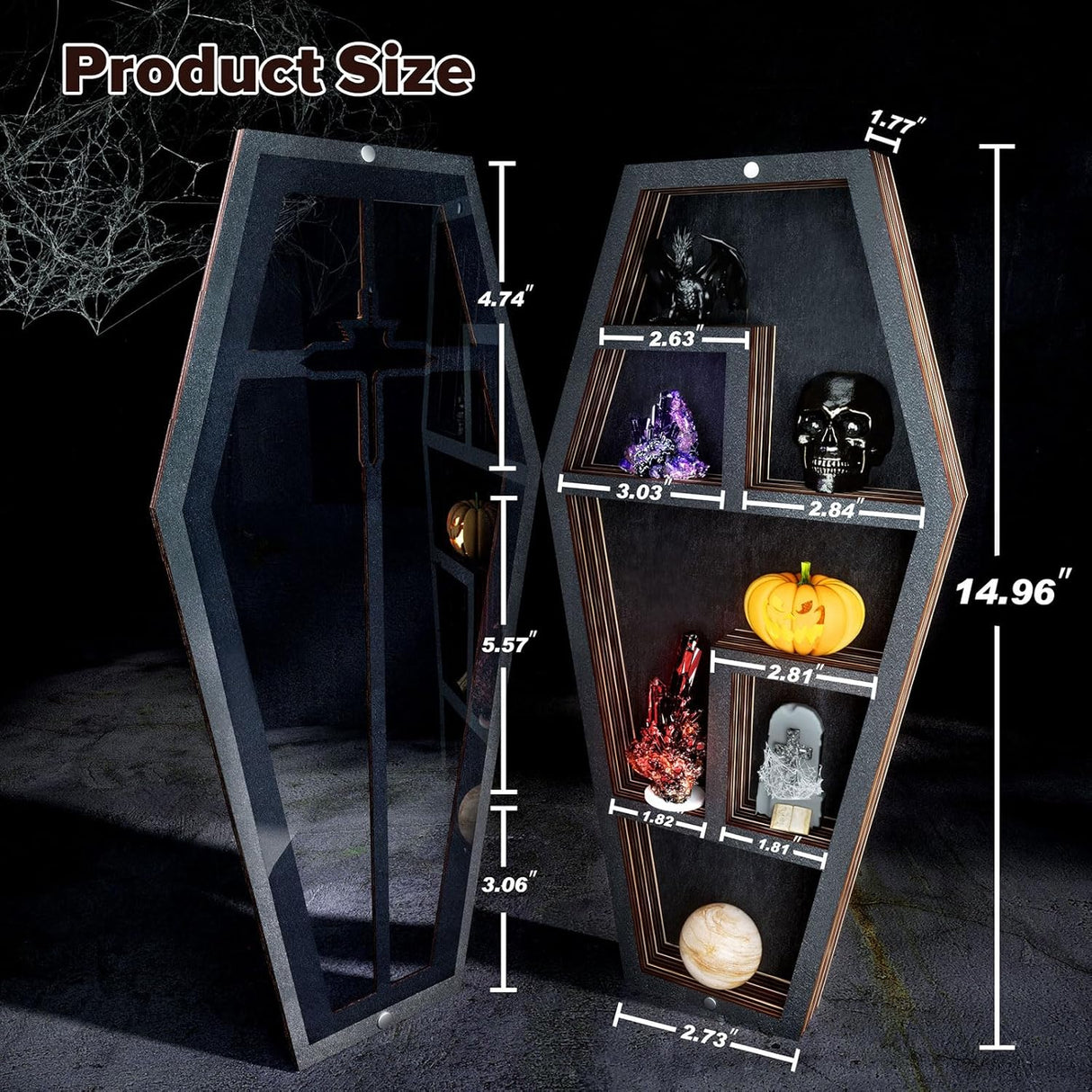 Qmetalart Coffin Shelf with Acrylic Dust Cover, Wooden Gothic Decor for Display or Storage Rocks Mini Figures,