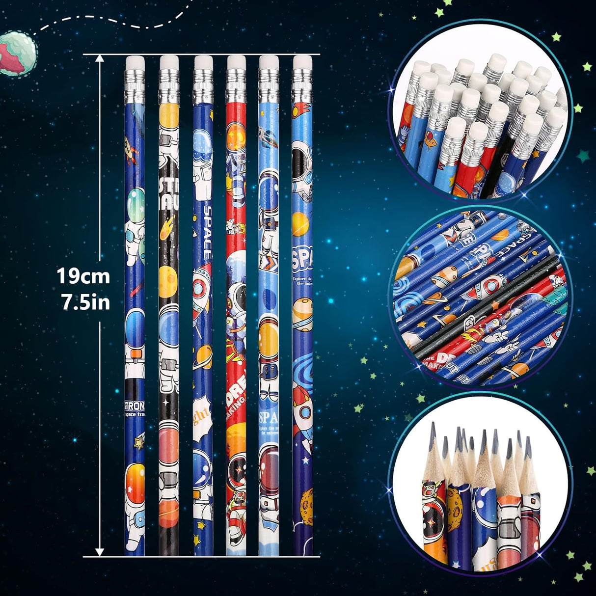 24 Pcs Space Pencils for Kids,Novelty Fun Lead Pencils with Eraser Rocket and Space Party Favors for Birthday Party,