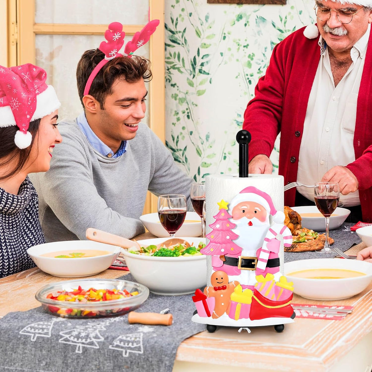 Qmetalart Pink Santa Claus Paper Towel Holder – Festive Christmas Paper Towel Stand,